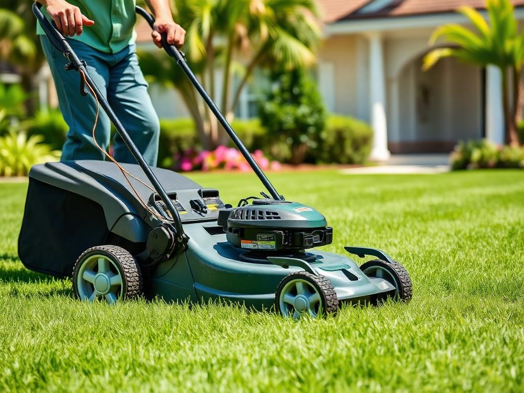 Professional landscaper mowing a green lawn